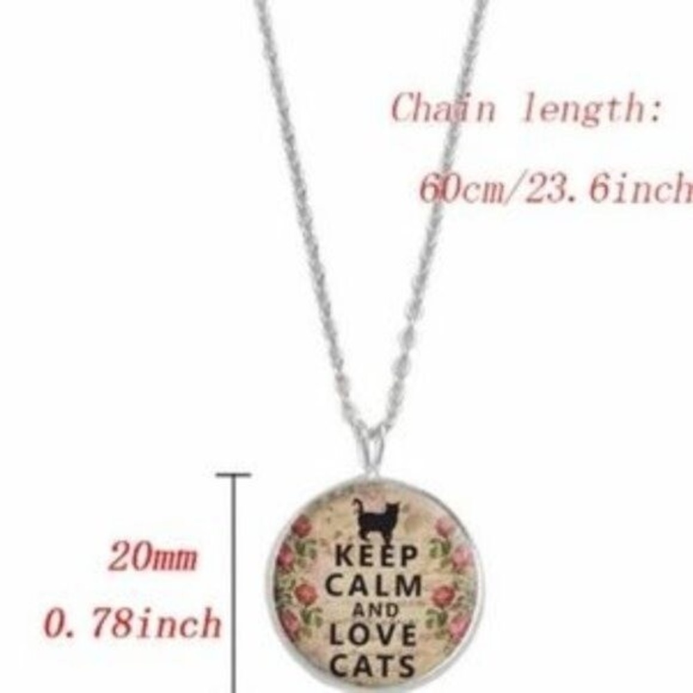 Silver Necklace Keep Calm Love Cats Glass Dome Floral 23.6" Novelty Pet‎ Lover - Picture 2 of 3